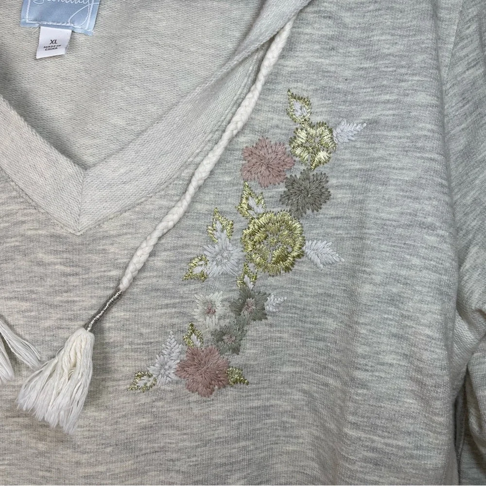 Dressbarn Sunday | Oatmeal V-Neck Hooded Sweatshirt With Floral Embroidery | XL - Picture 5 of 12